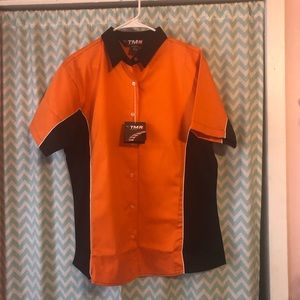 Tri-Mountain Racewear ladies twill orange and black shop shirt